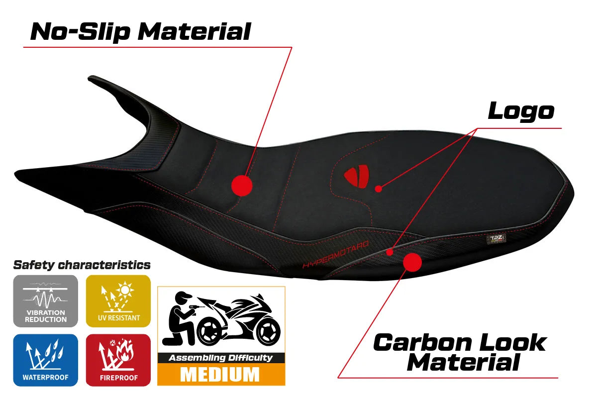 Seat cover compatible - Ducati Hypermotard 821 / 939 2013 - 2018 - mod Megara 1 Ultragrip