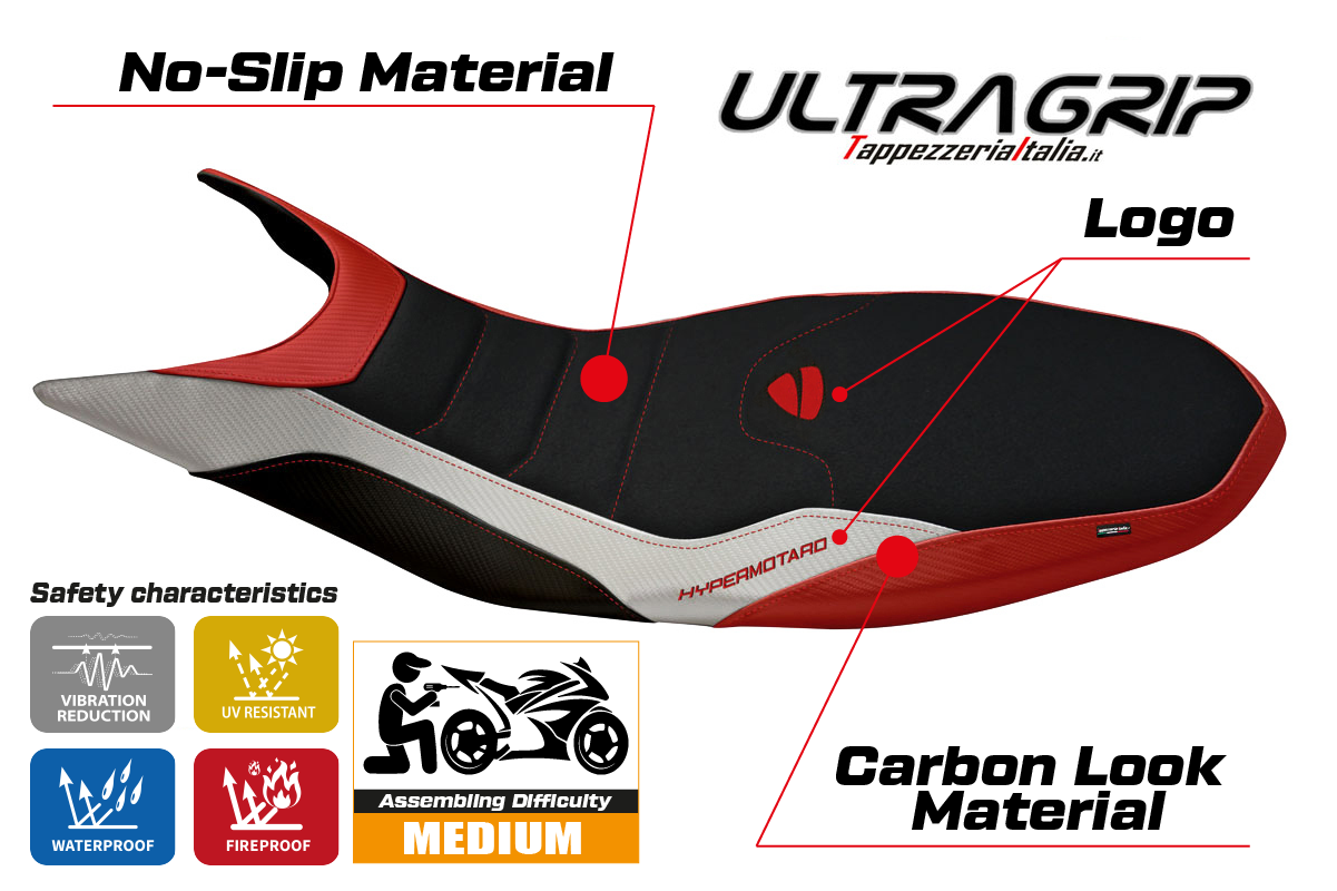 Seat cover compatible - Ducati Hypermotard 821 / 939 2013 - 2018 - mod Megara Special Color Ultragrip