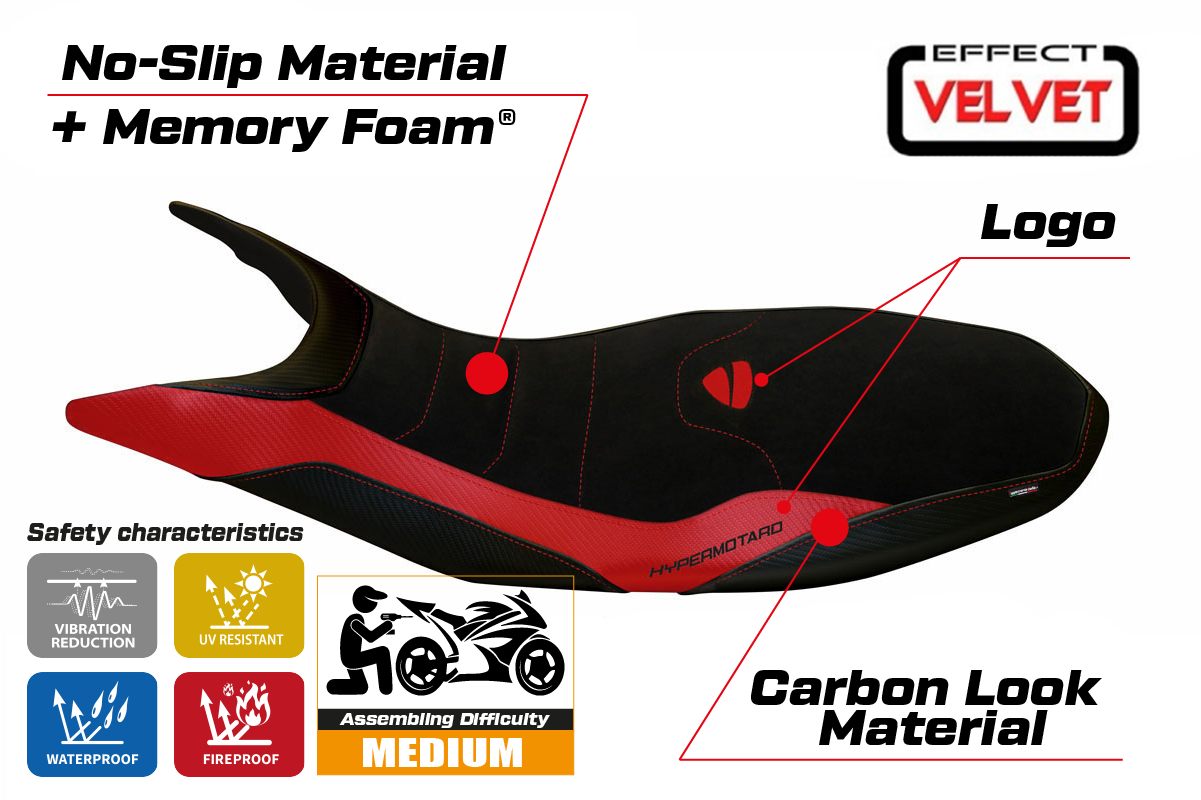 Seat cover compatible - Ducati Hypermotard 821 / 939 2013 - 2018 - mod Varna 1 Velvet Comfort System
