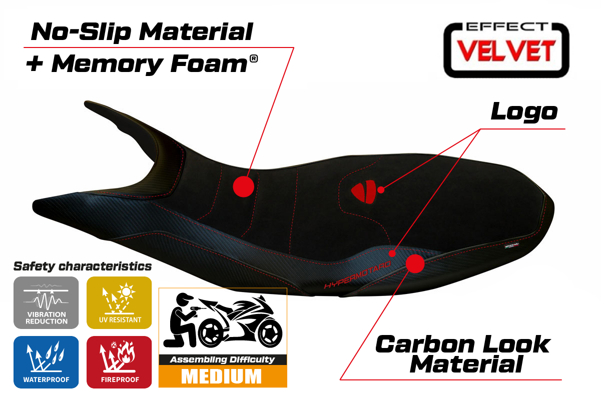 Seat cover compatible - Ducati Hypermotard 821 / 939 2013 - 2018 - mod Varna 1 Velvet Comfort System